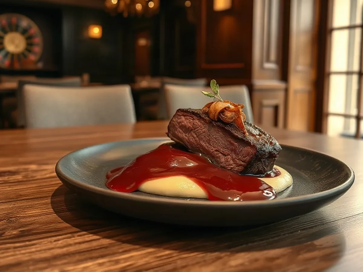 Braised beef with potato purée, glossy sauce and thyme.