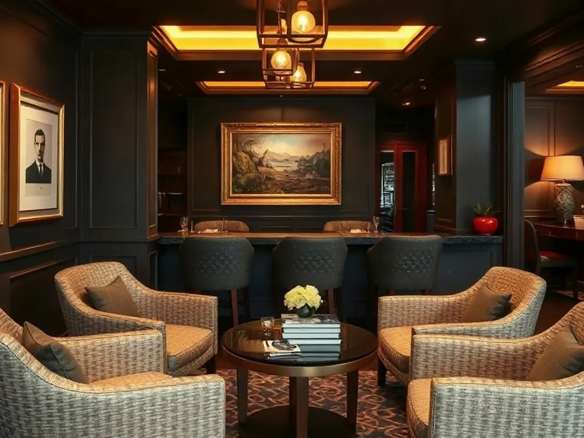 A quiet lounge nook with woven armchairs, walnut and framed art.