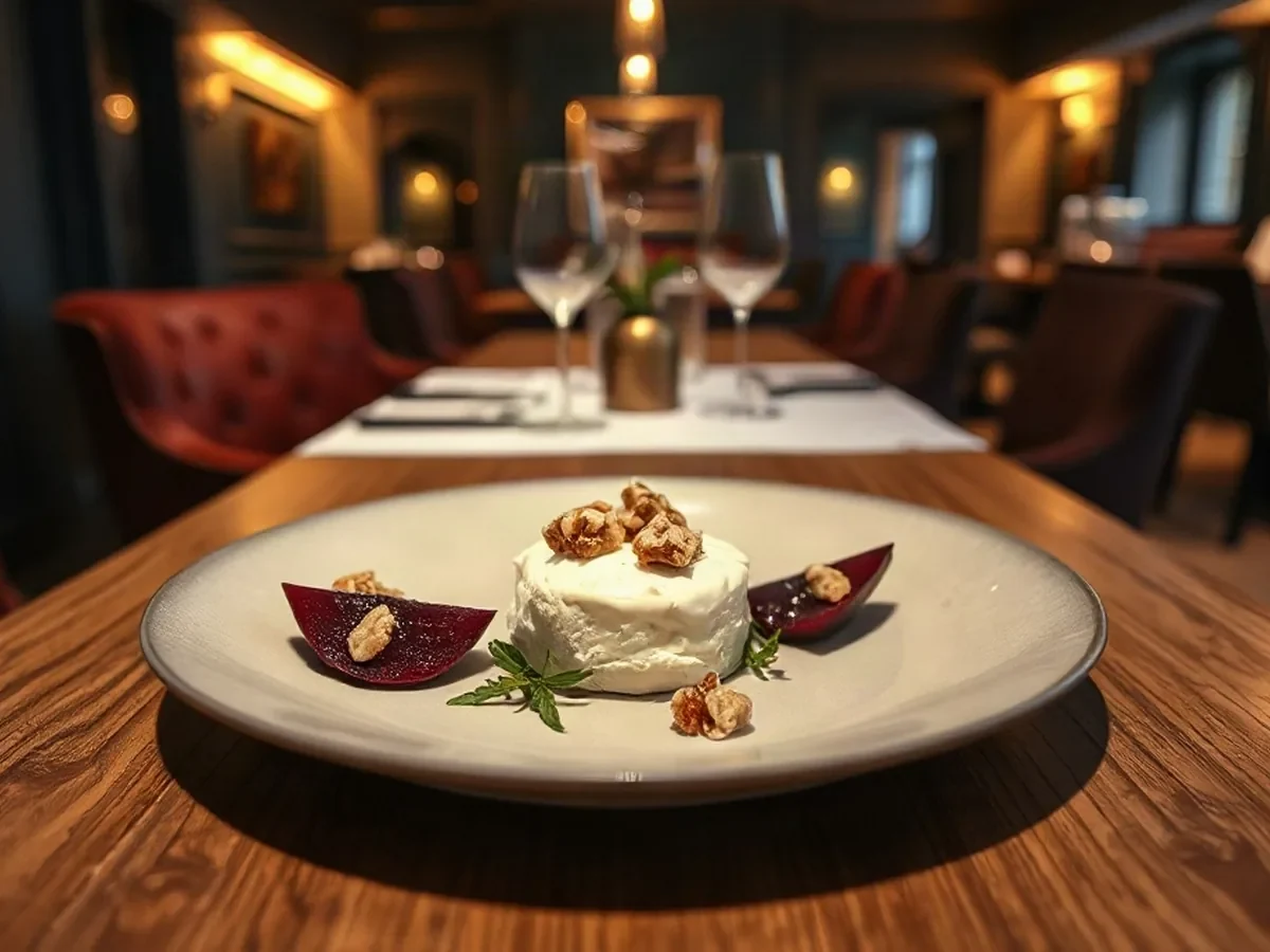 Roasted beetroot with whipped goat cheese, herbs and toasted walnut on a ceramic plate.