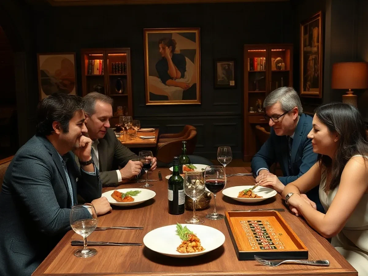 Adults sharing a meal and conversation at a warmly lit dining table.