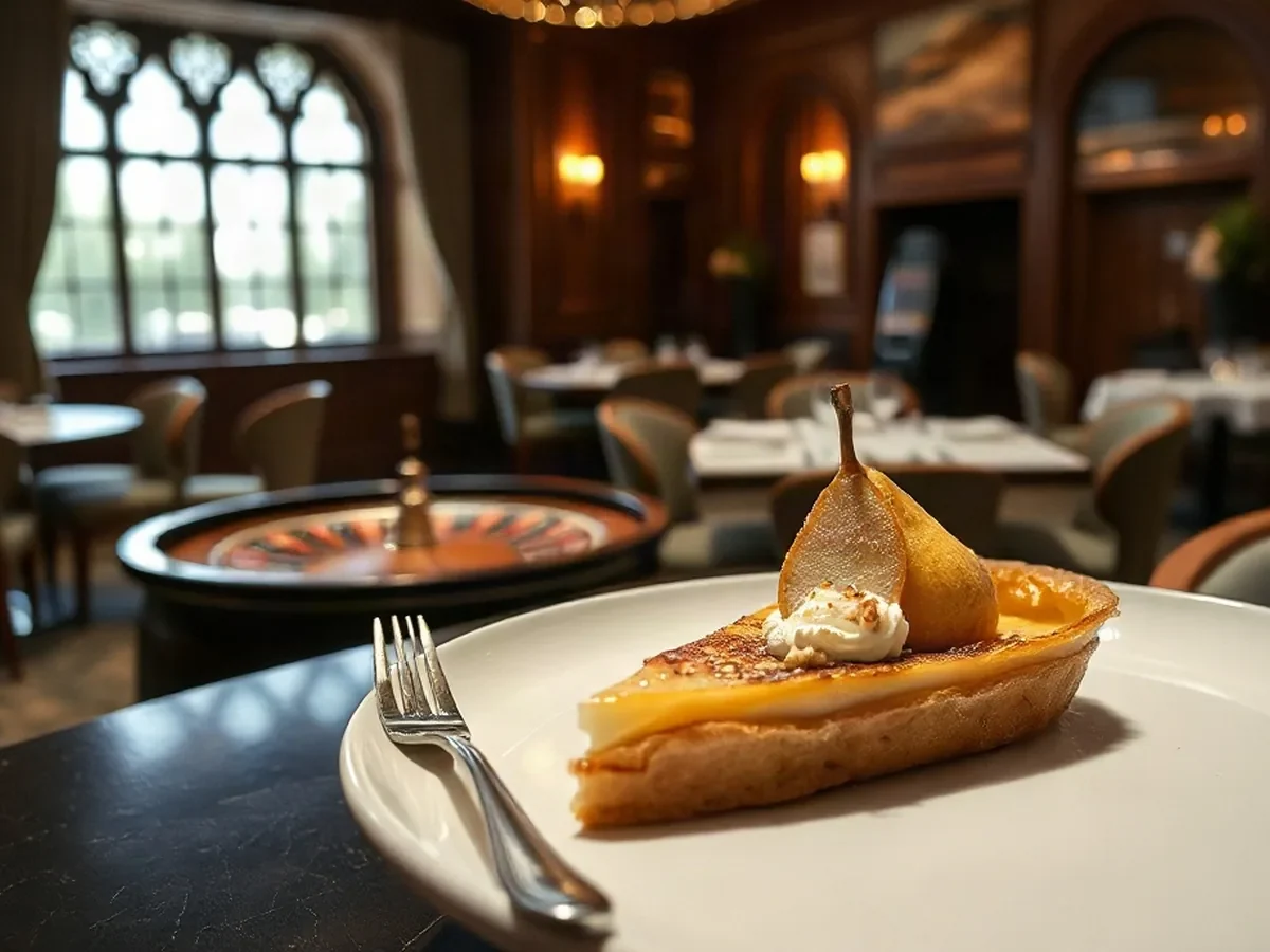 Pear and almond tart served with crème fraîche.