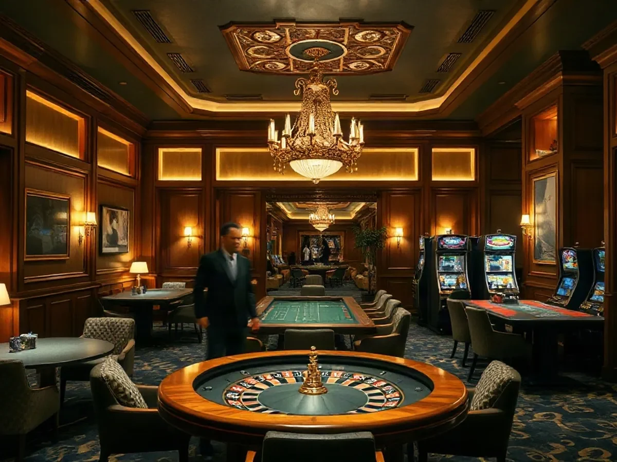 The casino floor with table areas, slot machines and clear walkways.